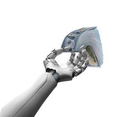 White cyborg robotic hand holding a stack of money with his finger isolated on free png background....
