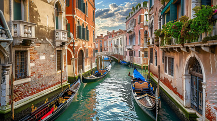 Scenic canal with gondolas and old architecture  - Powered by Adobe