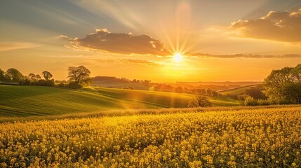 A Spectacular Golden Hour Sun Setting Over Fields of Rapeseed - Powered by Adobe