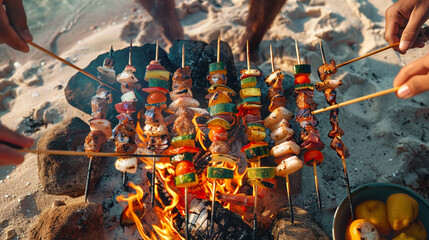 A cheerful beachside barbecue with friends, as savory skewers of seafood and colorful grilled vegetables sizzle over an open flame.