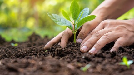 Person planting small plant in soil using fingers as gesture