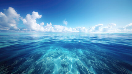 Tranquil underwater scene with coral reef. Seamless transition from undersea to sky with fluffy clouds