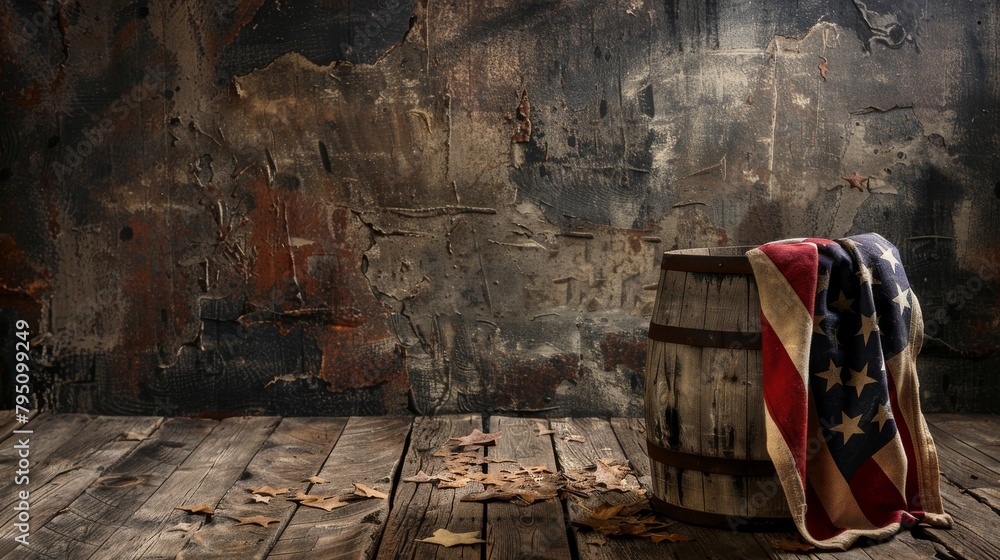 Poster a rustic background with a flag draped over a wooden barrel, creating a rustic and patriotic atmosph