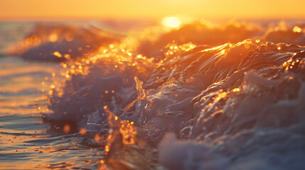 Sea waves on the beach at sunset. Close up view select - obrazy, fototapety, plakaty