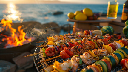 A cheerful beachside barbecue with friends, as savory skewers of seafood and colorful grilled vegetables sizzle over an open flame. - obrazy, fototapety, plakaty