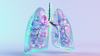 A lung is shown in a clear plastic container with a purple and blue color scheme. The lung is surrounded by a tree-like structure, which gives the impression of a living organism