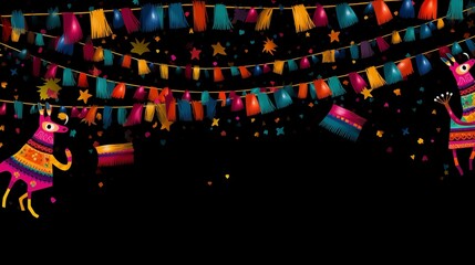 Colorful pinatas and festive decorations set against a dark background