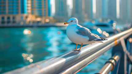 Seagull sits on the railing of the promenade in Dubai - Powered by Adobe