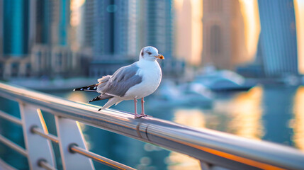 Seagull sits on the railing of the promenade in Dubai - obrazy, fototapety, plakaty