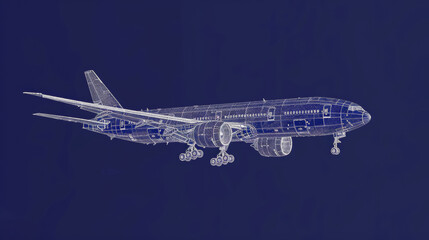 Fototapeta na wymiar A blue airplane with a white outline is shown in a blue background. The airplane is made up of many small squares, giving it a pixelated appearance. Concept of technology and modernity