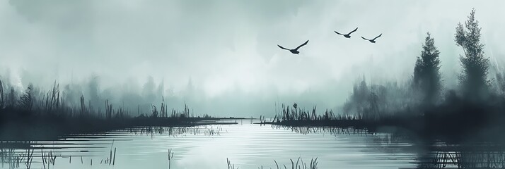  oil painting illustration nature scenery marshland with fog drift, artful painting style illustration with grungy brush stroke texture, Generative Ai	
