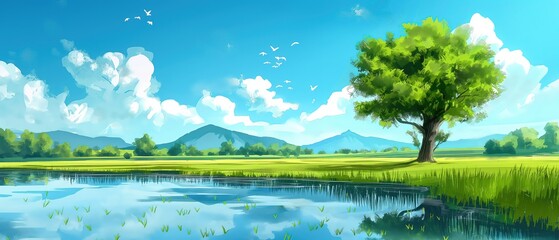 pure nature lake on sunny day surround with green tree , artful painting style illustration with grungy brush stroke texture, Generative Ai