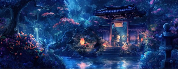 Chinese traditional Temple doorway in forest at night time, artful painting style illustration with grungy brush stroke texture, Generative Ai	
