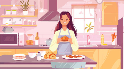 Young woman eating tasty croissant in kitchen Vector