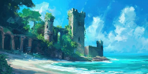 ancient abandon stronghold or castle at seaside , artful painting style illustration with grungy brush stroke texture, Generative Ai	
 - obrazy, fototapety, plakaty