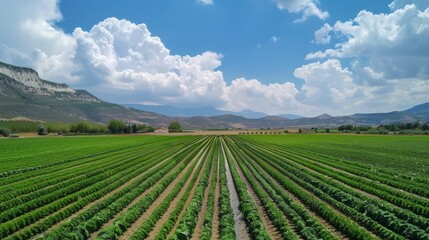 Obraz premium Agricultural landscape with green fields of crops and irrigation system