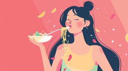 Young woman eating tasty pasta on pink background vector