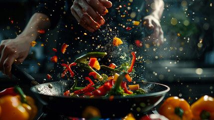 A chef tossing vegetables in a sizzling pan, the vibrant colors and motion captured in crisp detail.