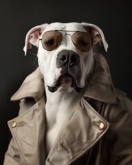 A charismatic Staffordshire dog posing as a boss, proud and confident, dressed like a masculine and tough human gangster, a strong and powerful leader - 795101083