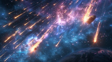 Fototapeta premium Comet and Meteor: A 3D rendering of a meteor shower, with multiple meteors streaking through the atmosphere