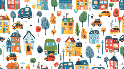 Hand drawn city seamless pattern with cars signs Park