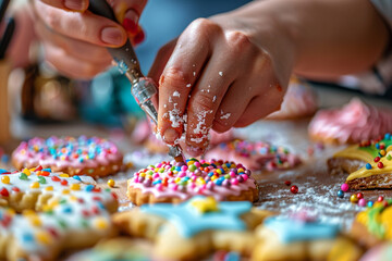 Hands of a baker decorating sugar cookies with colorful icing, festive theme, with baking tools in the background 