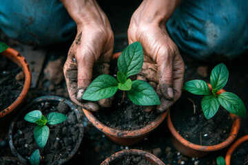 Hands planting a seedling in a pot, metaphor for growth and nurturing ones mental health  - obrazy, fototapety, plakaty
