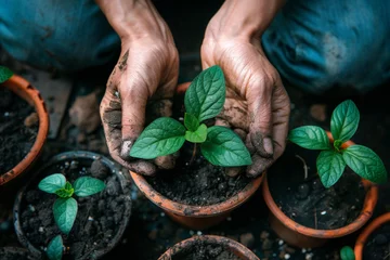 Fotobehang Hands planting a seedling in a pot, metaphor for growth and nurturing ones mental health  © xadartstudio
