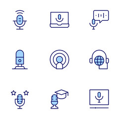Podcast icon set. Duo tone icon collection. Editable stroke, computer, podcast, news, placeholder, microphone.