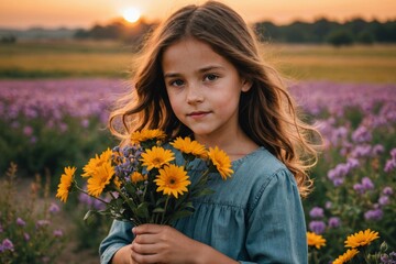 Naklejka premium girl holding flowers at sunset