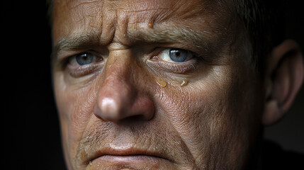 A man with a sad expression on his face. He has a tear in his eye. The man is looking away from the camera