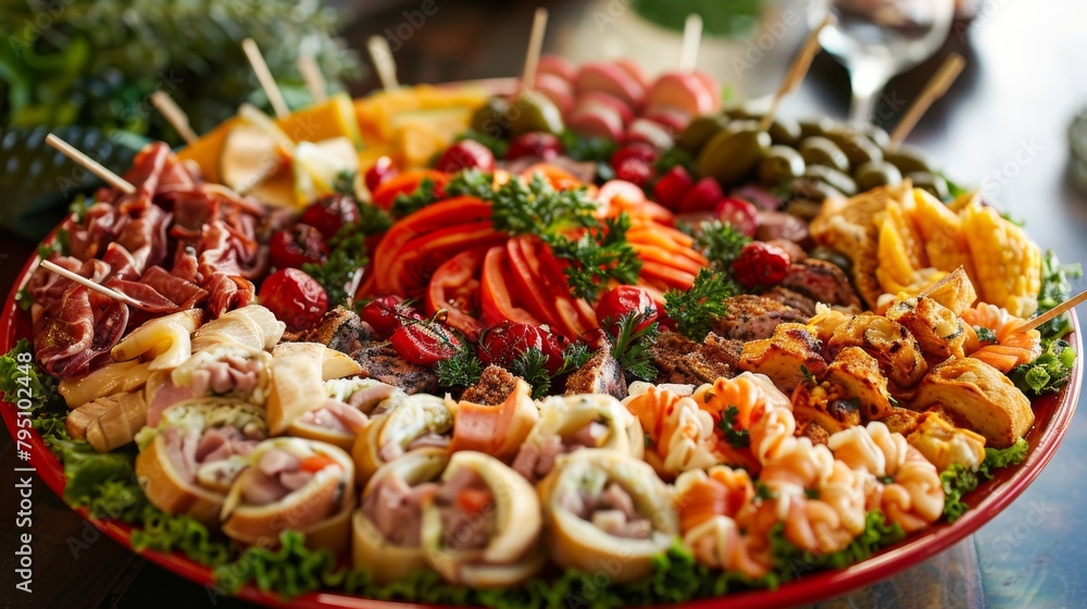 Poster assorted appetizers arranged on a vibrant platter, creating a visually striking display that's sure 