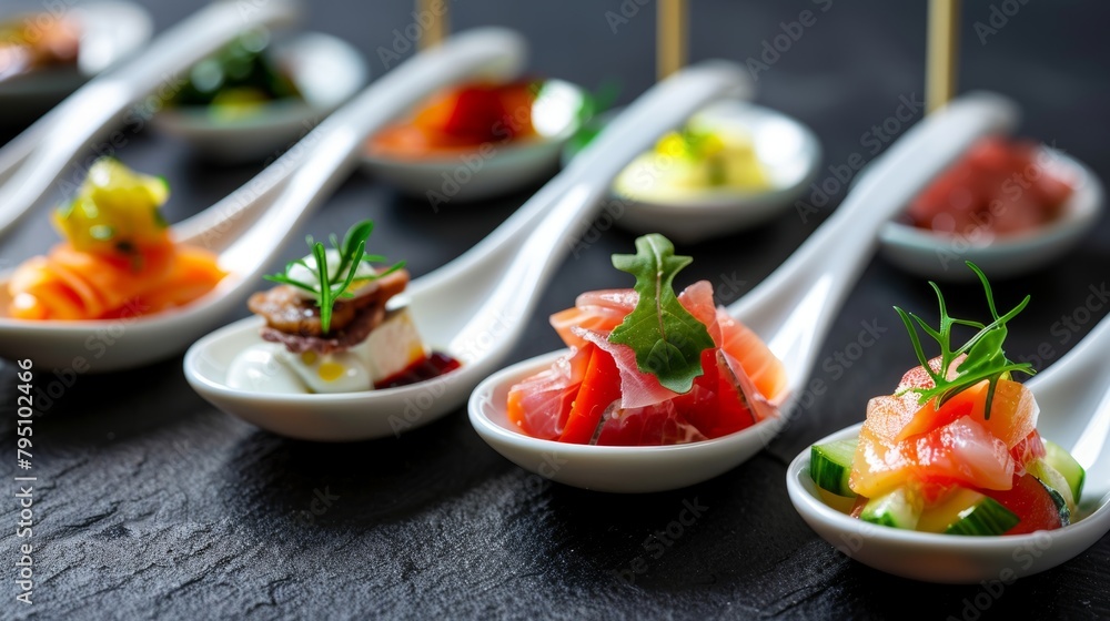 Poster assorted appetizers arranged on individual serving spoons, creating an elegant and innovative presen