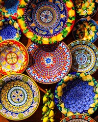 Brightly coloured lemon pattern plates Positano Italy.