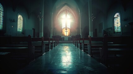 A church with a cross in the middle of it and empty pews, AI - obrazy, fototapety, plakaty