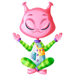 Funny colorful alien meditating