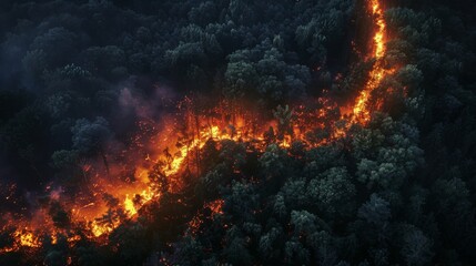 Aerial view of night forest fire heat, darkness, pollution, and fire