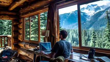 A remote worker enjoying a productive day at a rustic cabin retreat, surrounded by nature and tranquility, with a laptop on a wooden table.