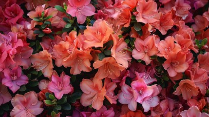 Azalea blooms in shades of coral and magenta, creating a riot of color
