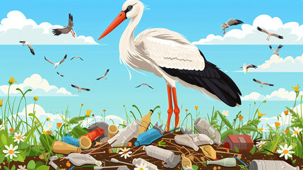 Fototapeta premium stork made a nest out of garbage. Environment pollution problem.