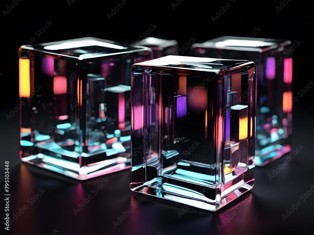 Poster close up of three glass blocks on a table. generative ai