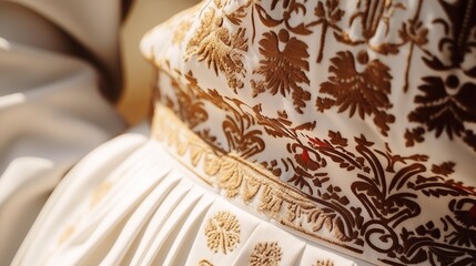 Close-up Detail of an Elegant Tiered Wedding Cake with Gold Embossed Floral Design