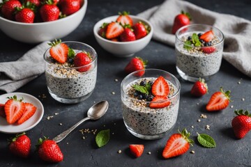 healthy breakfast glass with tasty chia seeds pudding with slices of fresh strawberries near table - Powered by Adobe
