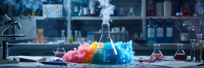 Captivating Laboratory Scene with a Dynamic Chemical Reaction - obrazy, fototapety, plakaty
