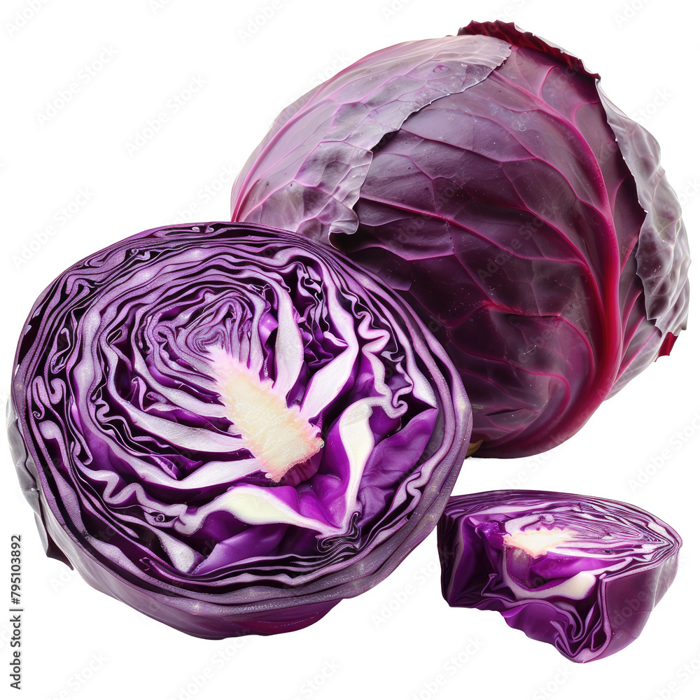 Poster an image of a purple cabbage and a slice set against a transparent background