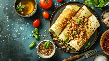 of pancakes with minced meat inside wrapped, top view, beautifully arranged, showcasing intricate details of each ingredient, digital composition