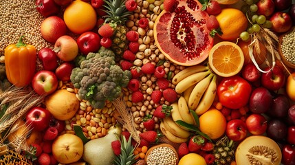 Balanced diet concept with fruits, vegetables, and grains