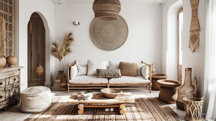 Bohemian coastal living room with rattan furniture, boho textiles, and beachy accents for a relaxed and eclectic vibe