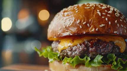 A close-up of a juicy burger with melted cheese and crispy lettuce, served on a sesame seed bun.