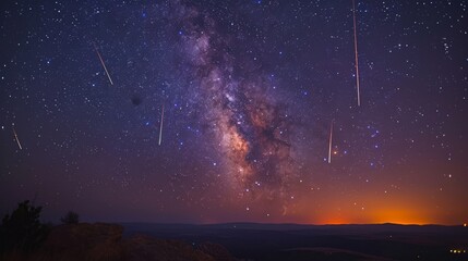 Night Sky: A photo of a meteor shower, with multiple shooting stars streaking across the sky